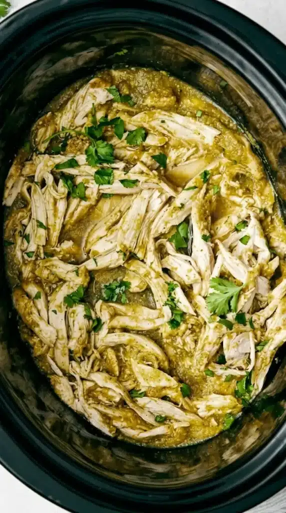 Crockpot Salsa Verde Chicken rice bowl with avocado, sour cream, jalapeno, and cilantro.