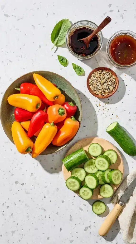 Cucumber and Bell Pepper Salad ingredients with mini peppers, cucumbers, sesame dressing, and chili crisp.