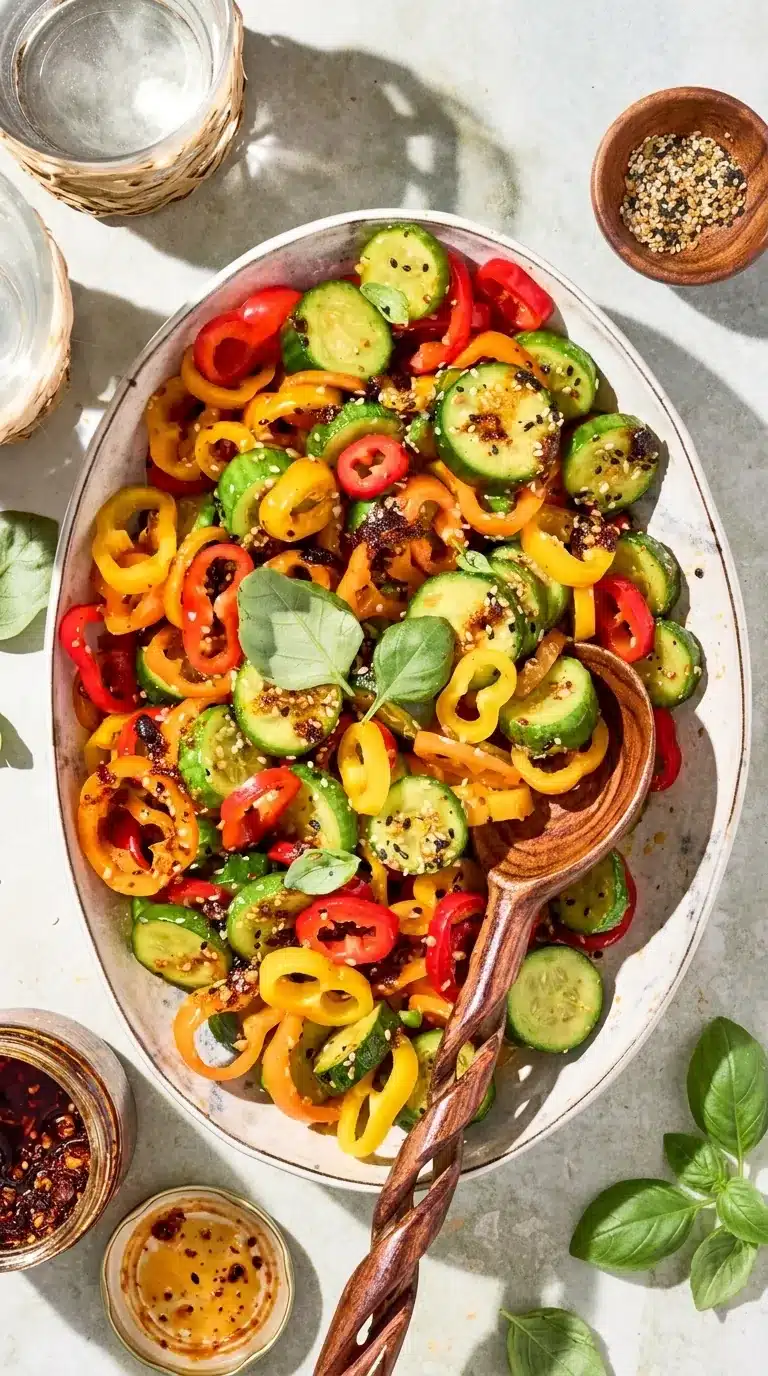 Fresh Cucumber and Bell Pepper Salad with sesame dressing, chili crisp, and everything bagel seasoning.