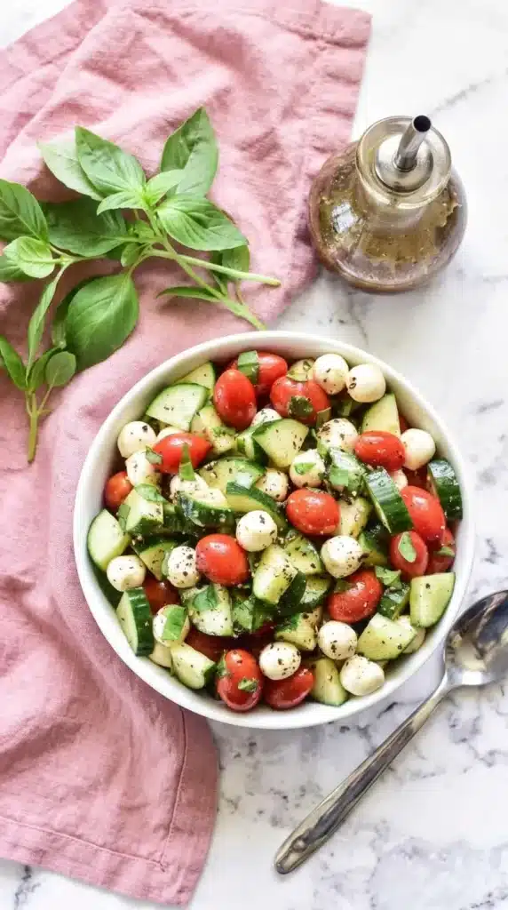 Cucumber Caprese Salad | Amazing Easy Summer Recipe 10 Cucumber Caprese Salad bowl with mozzarella, tomatoes, basil, cucumber, and balsamic vinaigrette