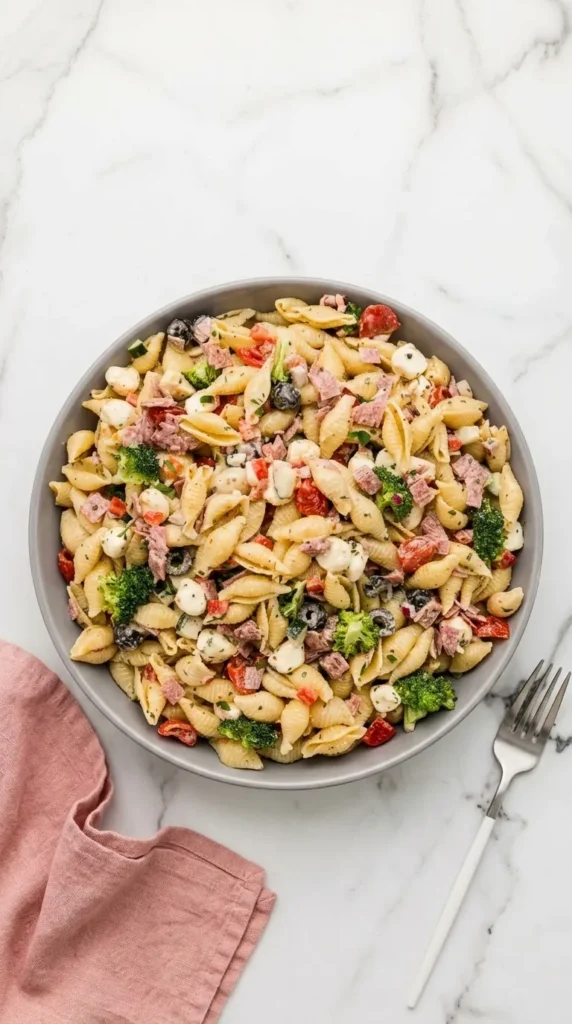 Easy Creamy Pasta Salad with cheddar, crisp vegetables, and creamy dressing.