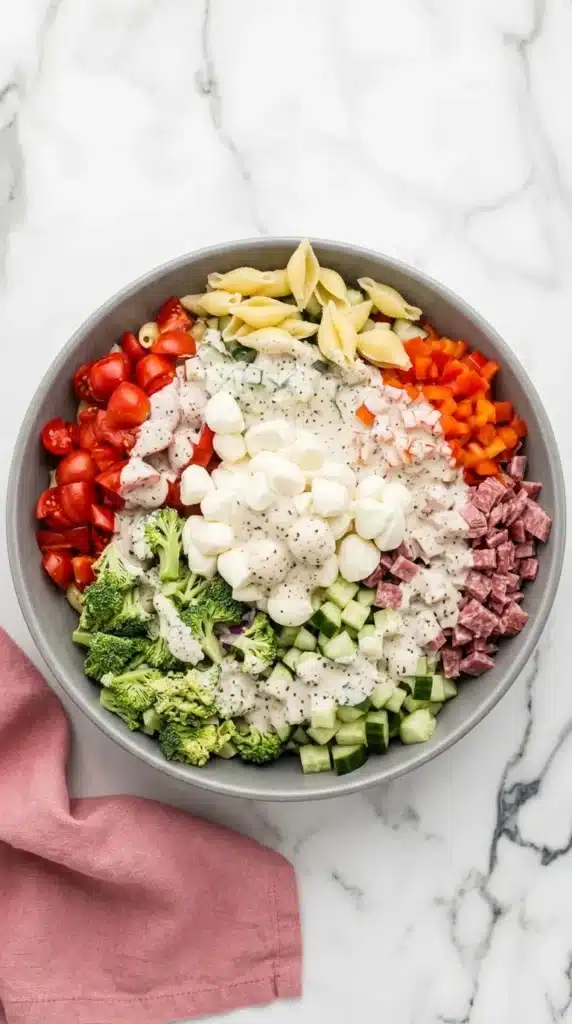 Easy Creamy Pasta Salad ingredients with homemade dressing ready to pour.