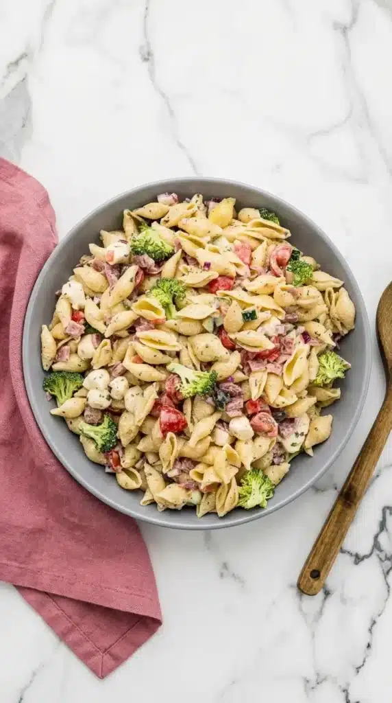 Easy Creamy Pasta Salad served with crisp vegetables, cheddar, and creamy dressing.