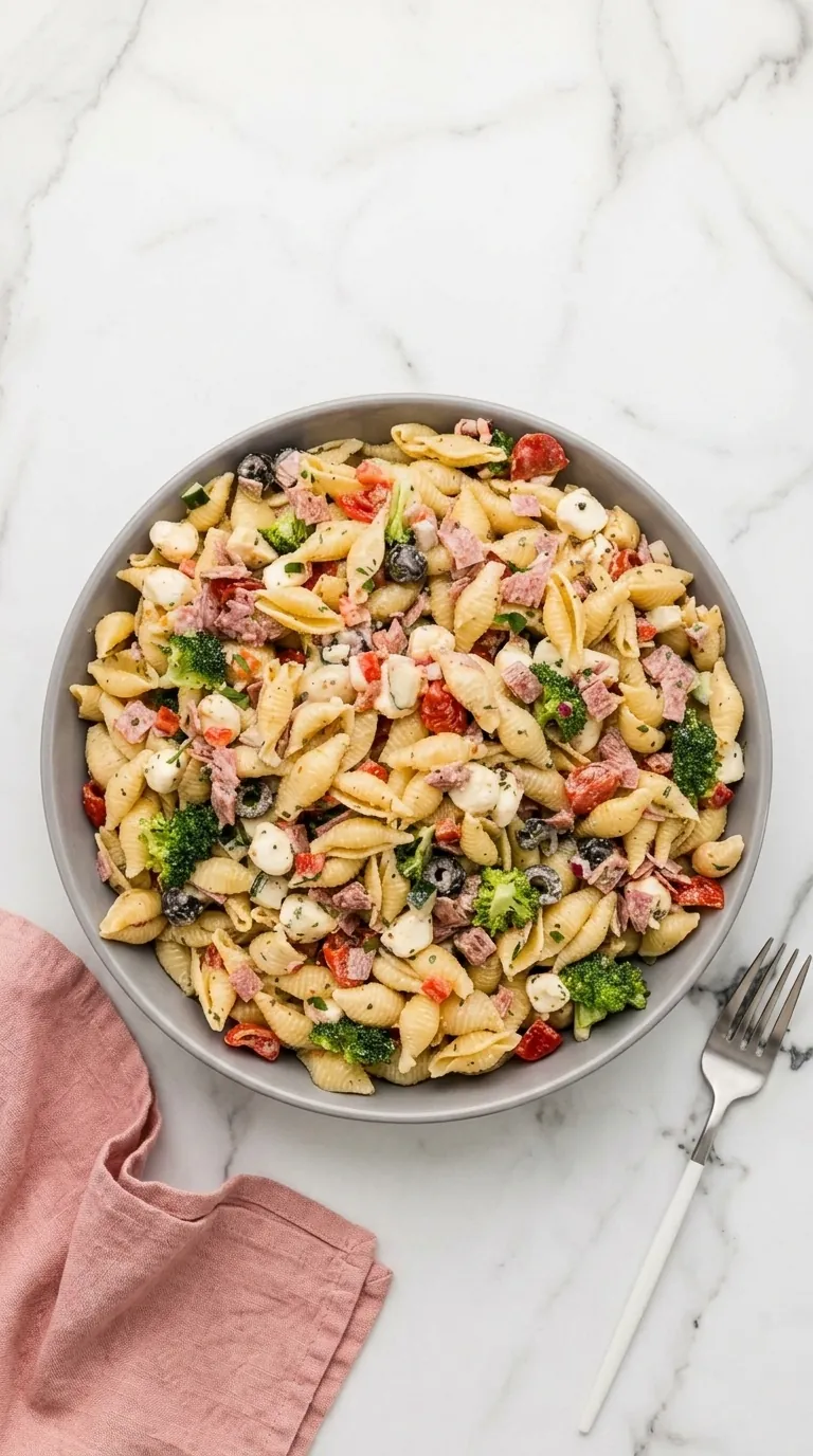Easy Creamy Pasta Salad with cheddar, crisp vegetables, and creamy dressing.