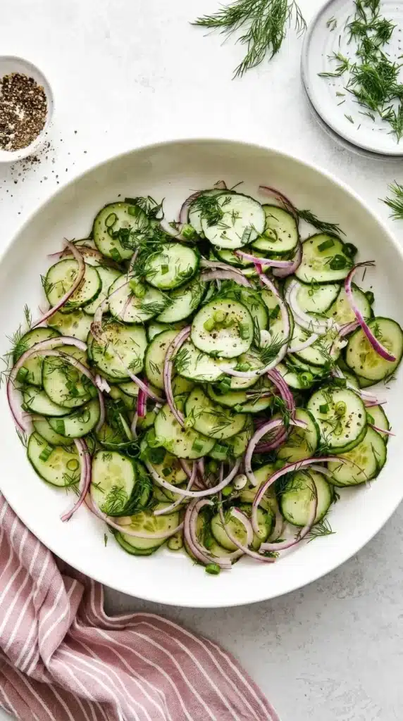 Easy Cucumber Salad with fresh dill, red onion, and light vinaigrette served in a ceramic bowl.