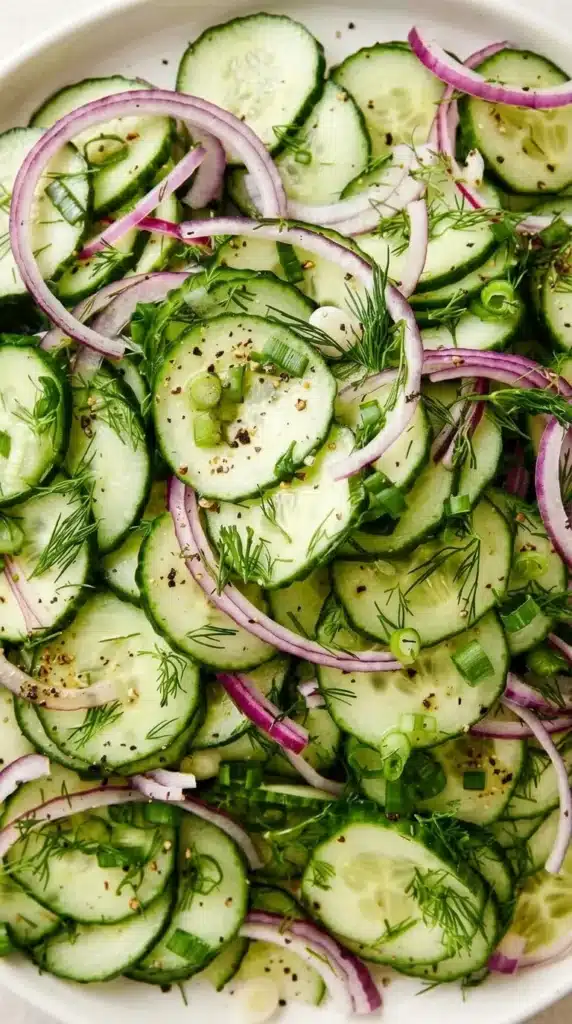 Easy Cucumber Salad | Amazing Fresh Summer Recipe 8 Close up of Easy Cucumber Salad with fresh dill, red onion, and honey vinaigrette.