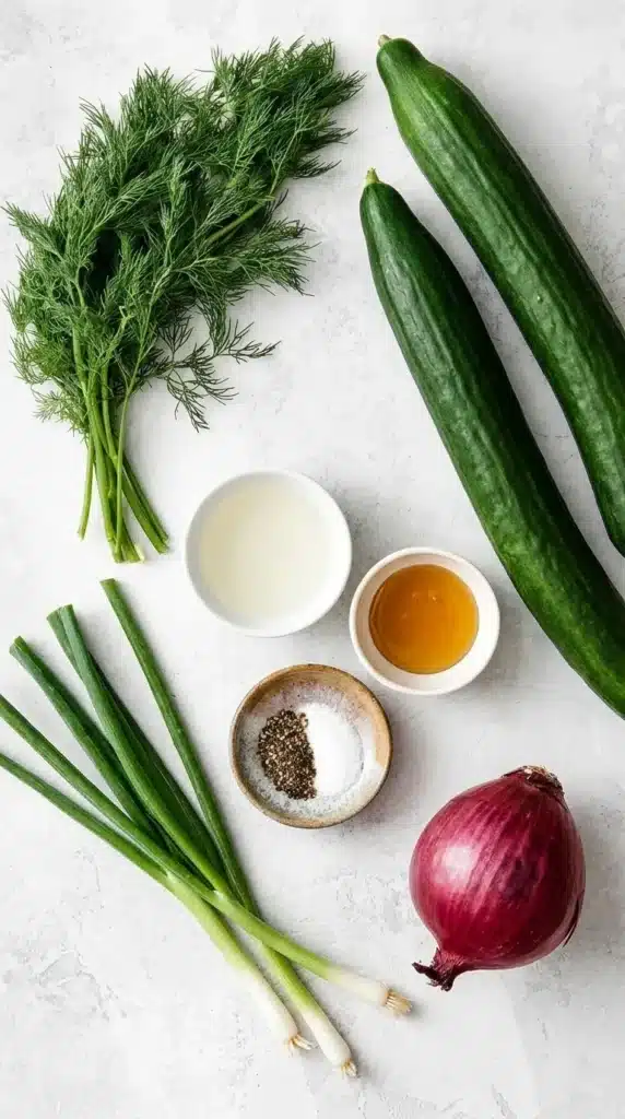 Easy Cucumber Salad | Amazing Fresh Summer Recipe 6 Easy Cucumber Salad ingredients including cucumbers, dill, onions, honey, and vinegar.