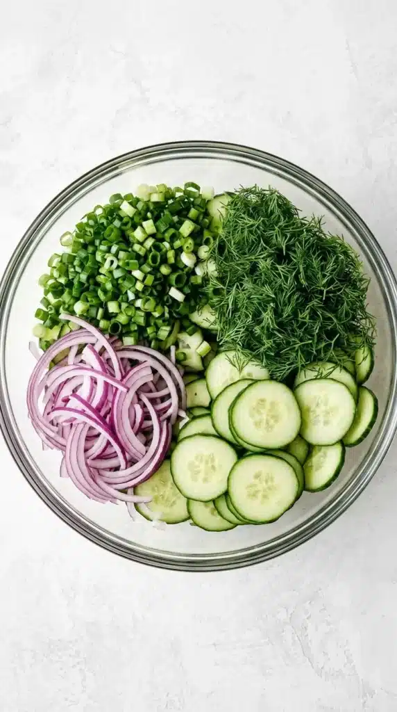 Easy Cucumber Salad | Amazing Fresh Summer Recipe 7 Easy Cucumber Salad ingredients prepared in a mixing bowl before adding the dressing.