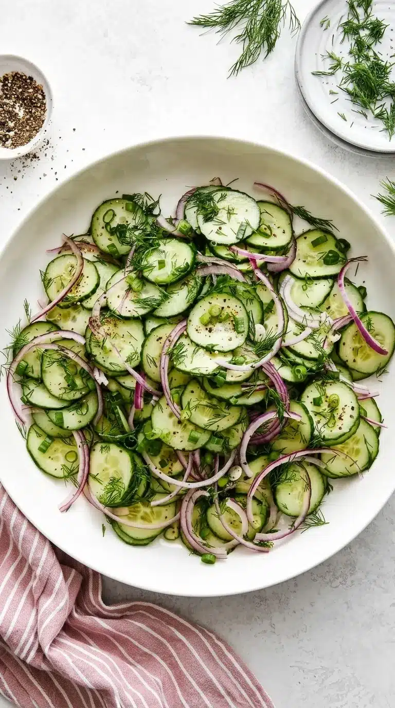 Easy Cucumber Salad with fresh dill, red onion, and light vinaigrette served in a ceramic bowl.