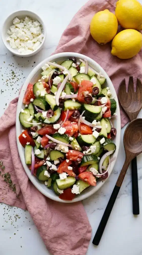 Easy Greek Cucumber Salad with feta, tomatoes, cucumbers, olives, and red onion in a serving platter
