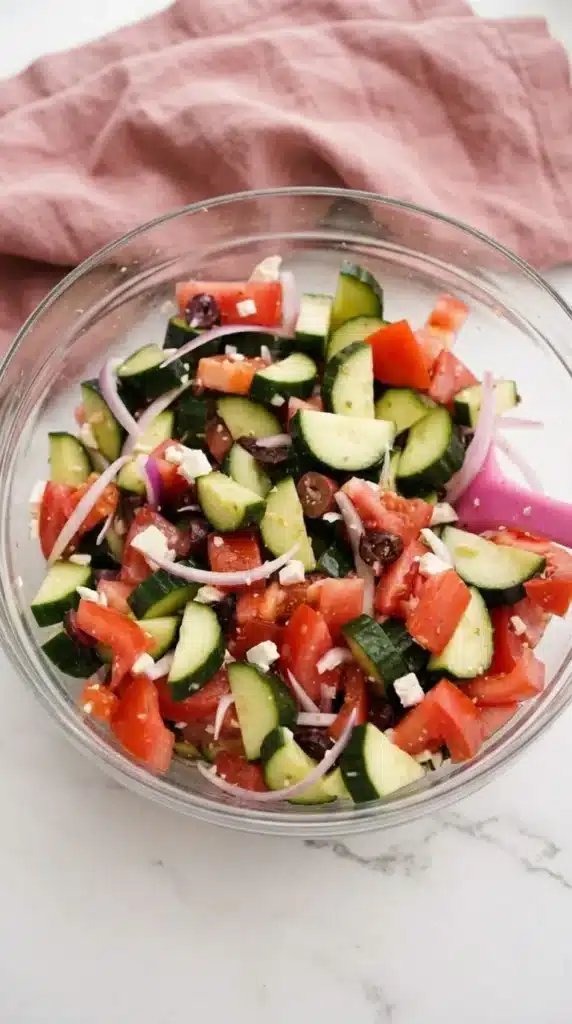 Easy Greek Cucumber Salad | Amazing Fresh Summer Recipe 9 Easy Greek Cucumber Salad being tossed with lemon dressing in a glass mixing bowl