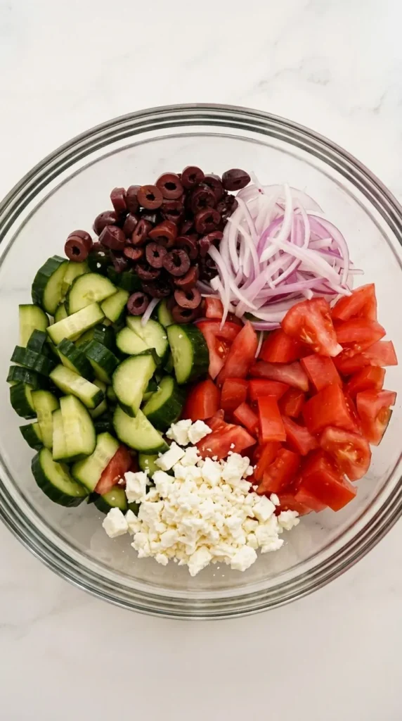 Easy Greek Cucumber Salad | Amazing Fresh Summer Recipe 8 Easy Greek Cucumber Salad with cucumbers, tomatoes, feta, olives, and red onion in a serving platter
