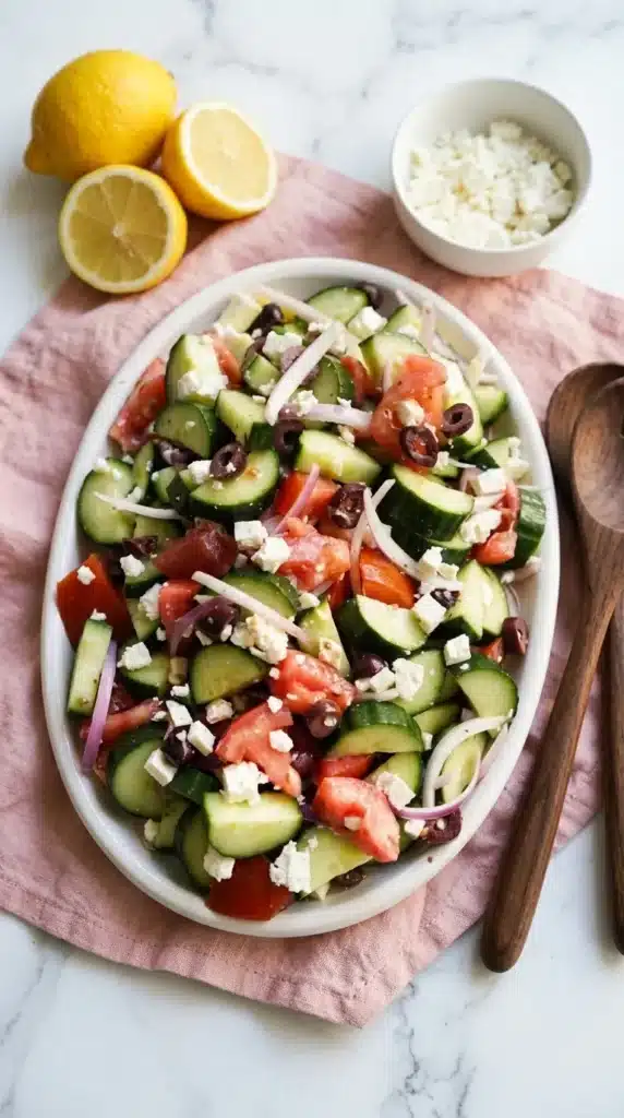 Easy Greek Cucumber Salad | Amazing Fresh Summer Recipe 10 Easy Greek Cucumber Salad served with feta, tomatoes, cucumbers, olives, and lemon