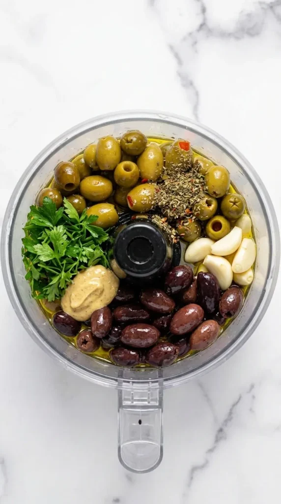 Easy Olive Tapenade Recipe | Amazing 5 Minute Appetizer 8 Easy Olive Tapenade Recipe ingredients in a food processor before blending