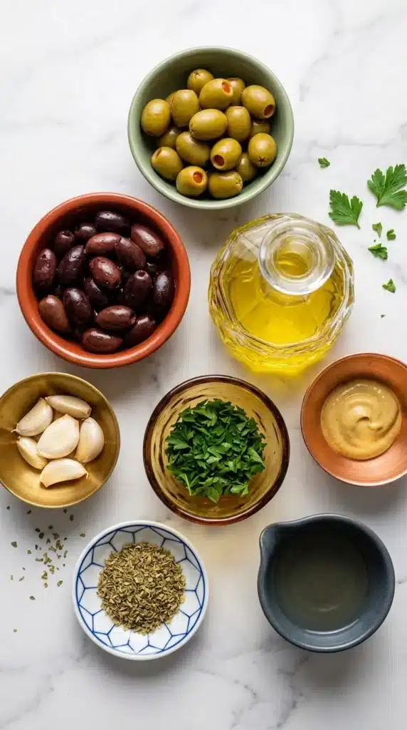 Easy Olive Tapenade Recipe | Amazing 5 Minute Appetizer 7 Easy Olive Tapenade Recipe ingredients arranged in bowls