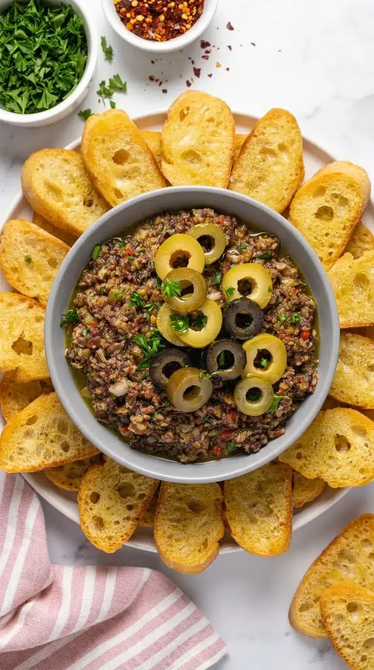 Easy Olive Tapenade Recipe served with crispy crostini and fresh olives