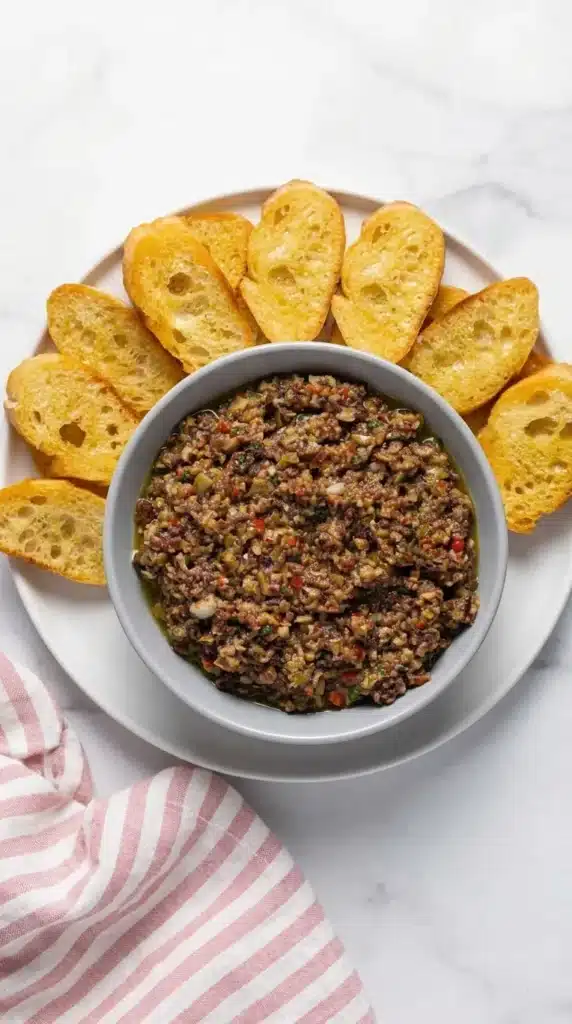 Easy Olive Tapenade Recipe | Amazing 5 Minute Appetizer 9 Easy Olive Tapenade Recipe served with crispy crostini
