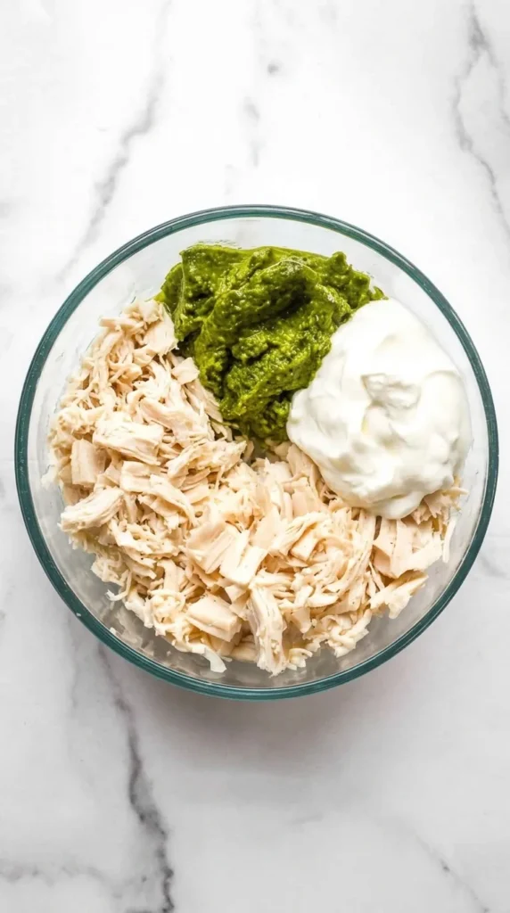 Easy Pesto Chicken Salad Recipe | Amazing Easy Dinner 5 Easy Pesto Chicken Salad ingredients including shredded chicken, basil pesto, and Greek yogurt.