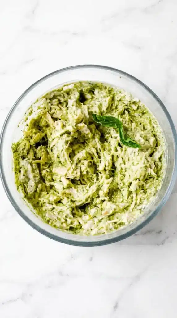 Easy Pesto Chicken Salad with shredded chicken, creamy basil pesto, and Greek yogurt in a ceramic bowl.