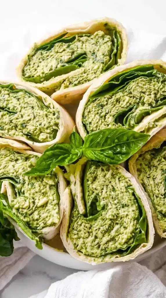 Easy Pesto Chicken Salad Recipe | Amazing Easy Dinner 6 Easy Pesto Chicken Salad served in sliced tortilla wraps with fresh spinach.