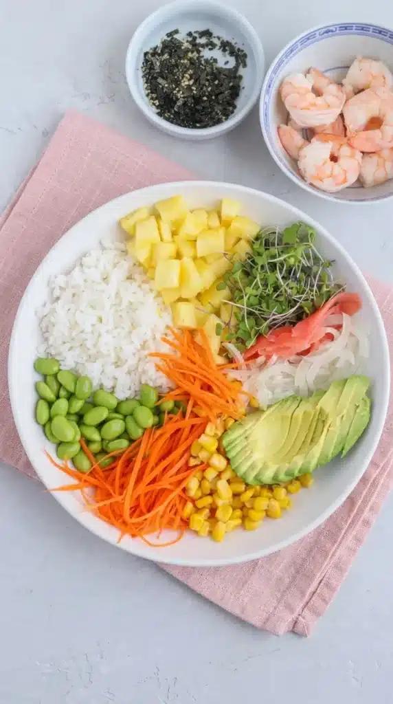 Easy Shrimp Poke Bowl assembled with rice, vegetables, avocado, and toppings before adding shrimp and spicy mayo