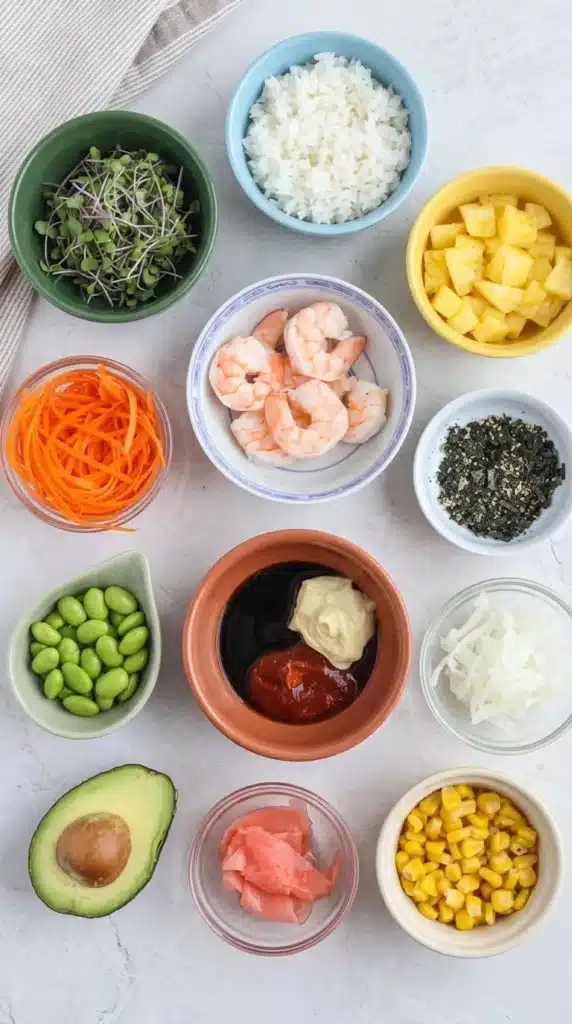 Easy Shrimp Poke Bowl ingredients arranged in bowls before assembly