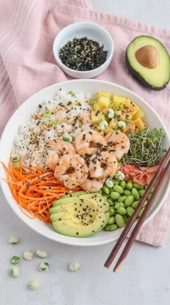 Easy Shrimp Poke Bowl served with chopsticks, avocado, vegetables, and spicy mayo