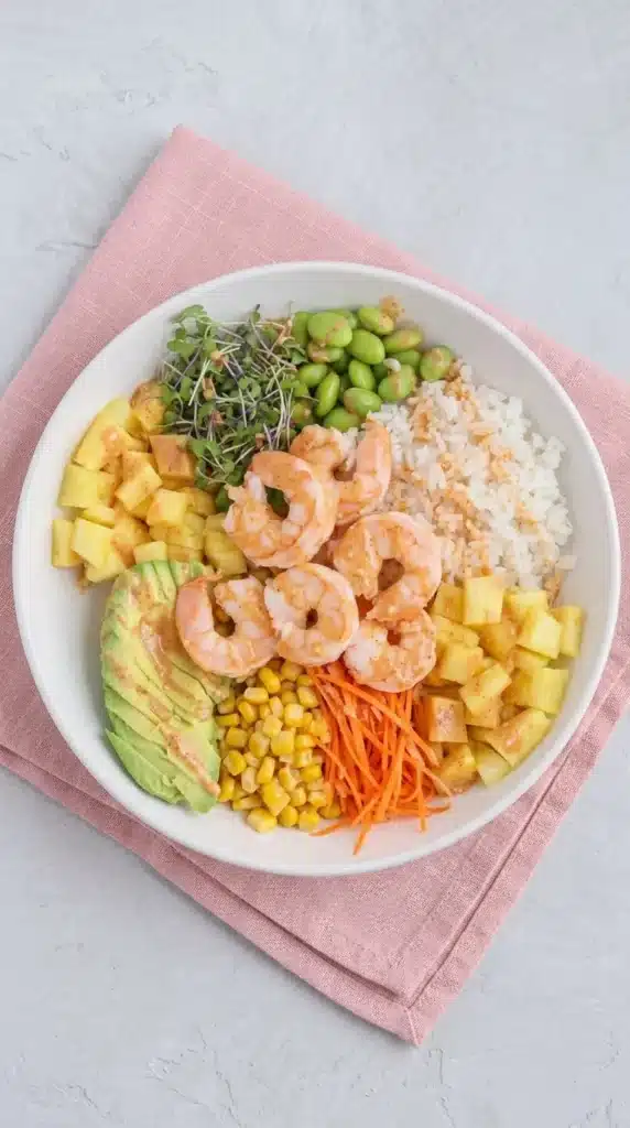 Easy Shrimp Poke Bowl with cooked shrimp and spicy mayo before adding final garnishes