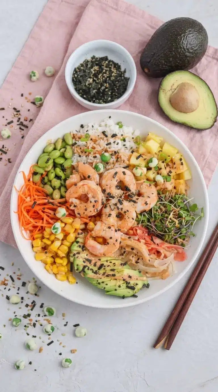Easy Shrimp Poke Bowl with cooked shrimp, avocado, rice, vegetables, and spicy mayo in a ceramic bowl