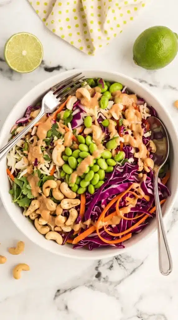 Chopped Thai Salad | Amazing Easy Peanut Salad Recipe 7 Finished Chopped Thai Salad with peanut dressing, cashews, edamame, and crispy noodles.