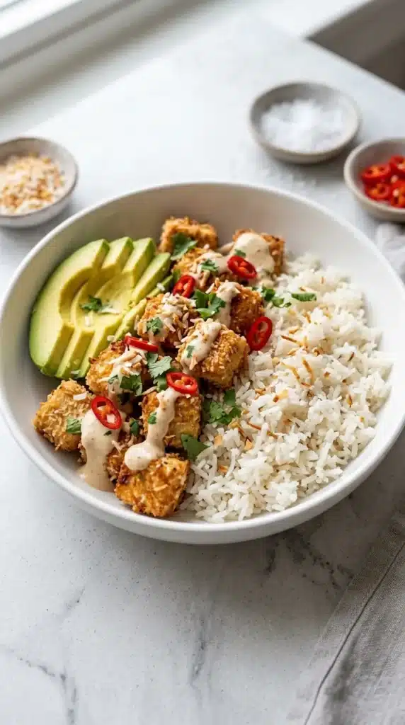 Coconut Chicken Rice Bowl | Amazing Easy 30 Minute Dinner 6 Finished Coconut Chicken Rice Bowl with creamy coconut sauce and jasmine rice