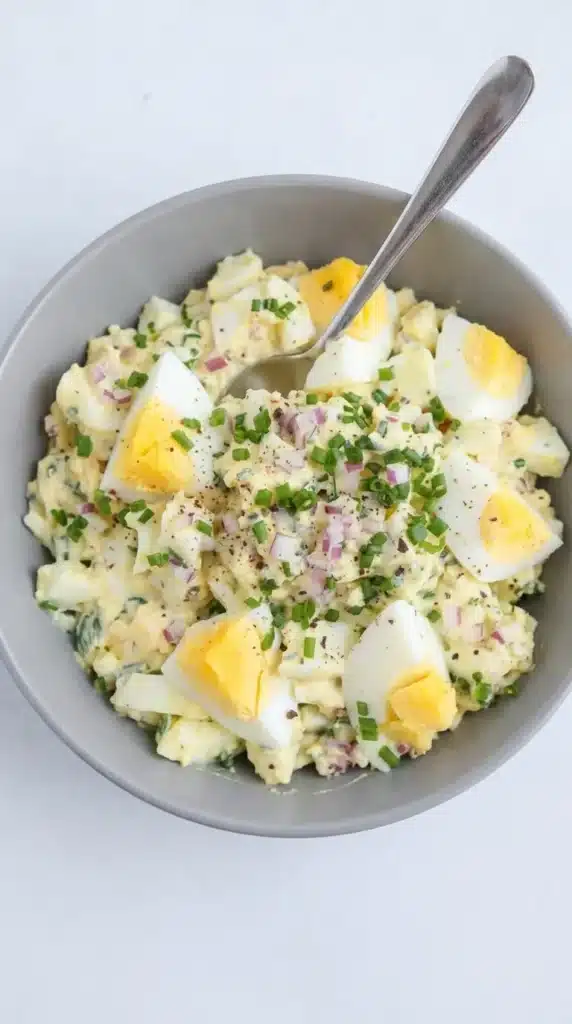 Cottage Cheese Egg Salad Recipe | Amazing Easy Lunch 7 Finished Cottage Cheese Egg Salad topped with hard boiled eggs, chives, red onion, and pepper.
