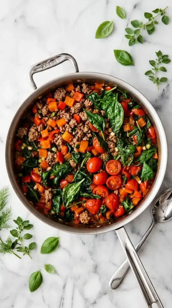 Mediterranean Ground Beef Stir Fry Recipe | Amazing 25 Minute Meal 8 Finished Mediterranean Ground Beef Stir Fry with feta, spinach, tomatoes, and green onions