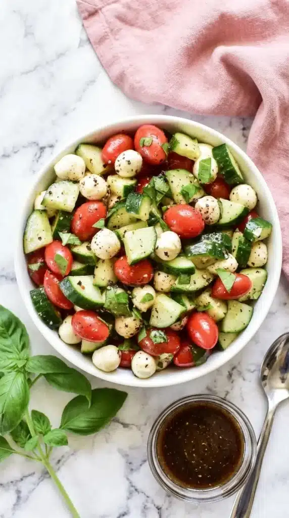 Fresh Cucumber Caprese Salad with mozzarella, tomatoes, basil, and balsamic vinaigrette