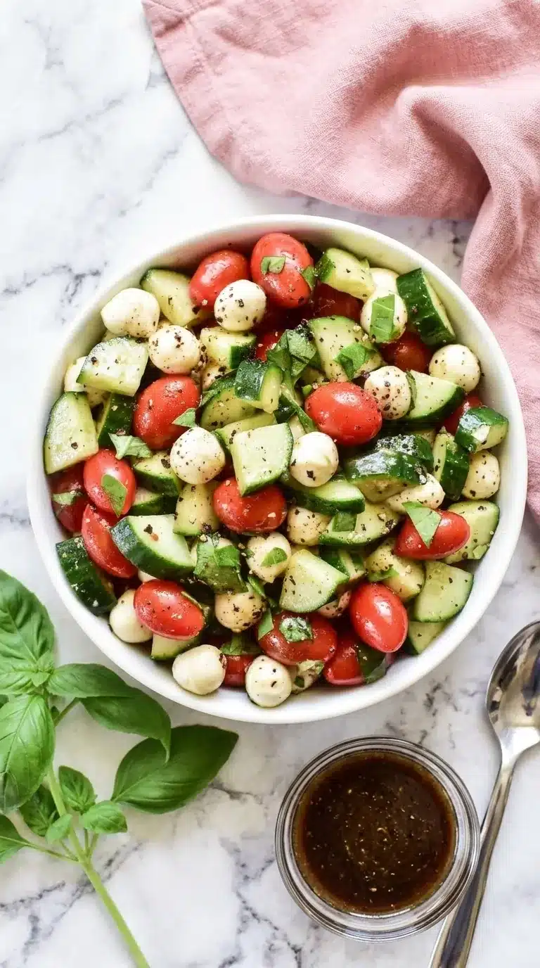 Fresh Cucumber Caprese Salad with mozzarella, tomatoes, basil, and balsamic vinaigrette
