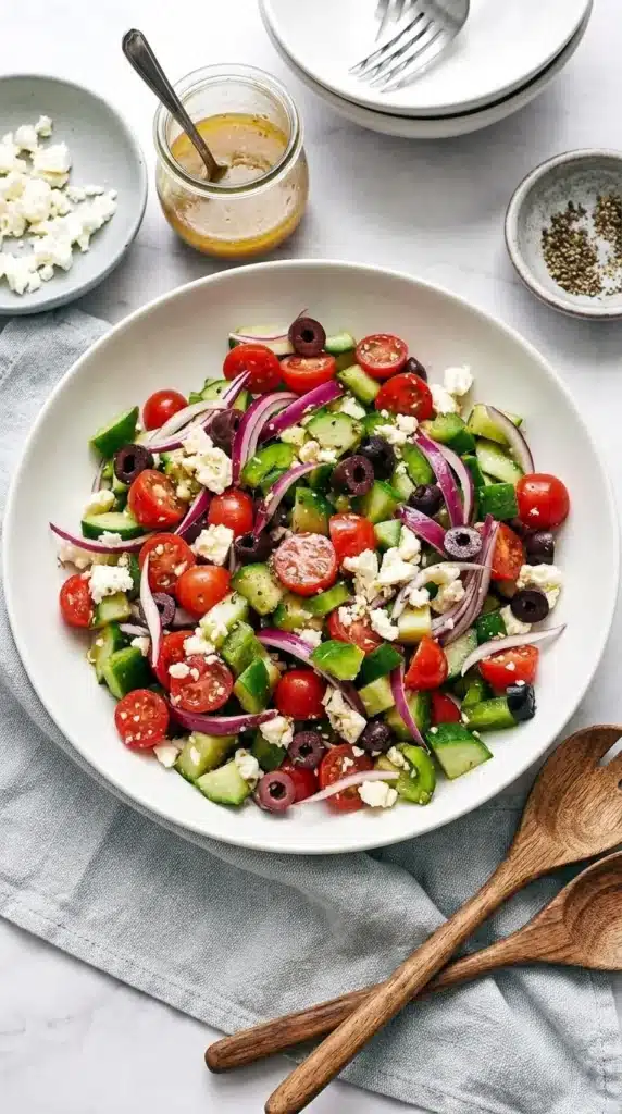 Fresh Greek Salad with feta, cucumbers, tomatoes, olives, and homemade dressing ready to serve.