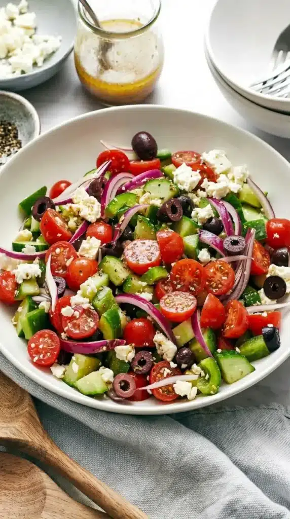 Fresh Greek Salad tossed with homemade dressing, feta cheese, tomatoes, cucumber, and Kalamata olives.