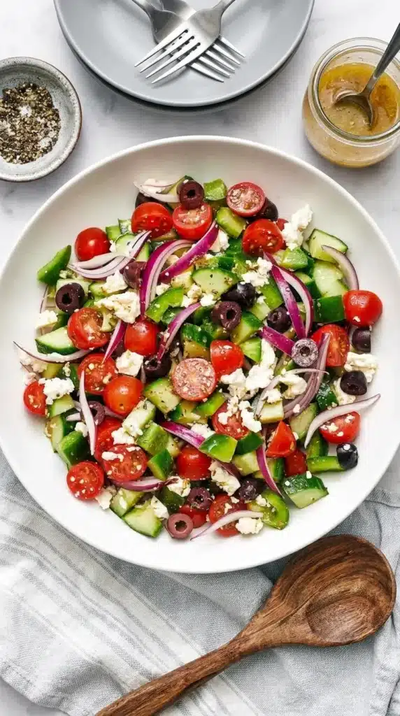Fresh Greek salad with cucumber, tomatoes, feta, olives, and homemade dressing in a ceramic bowl.