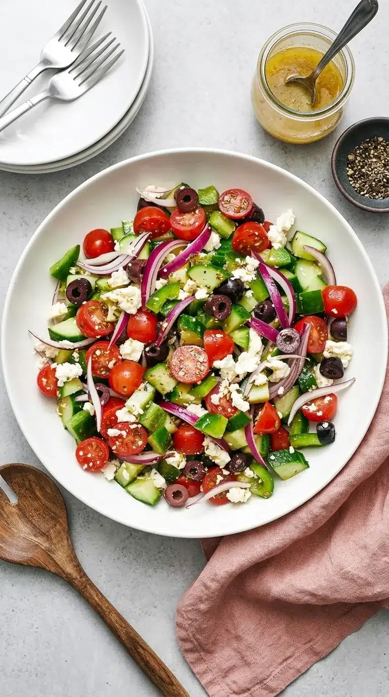 Fresh Greek Salad with cucumber, tomatoes, feta cheese, Kalamata olives, and homemade Greek dressing.