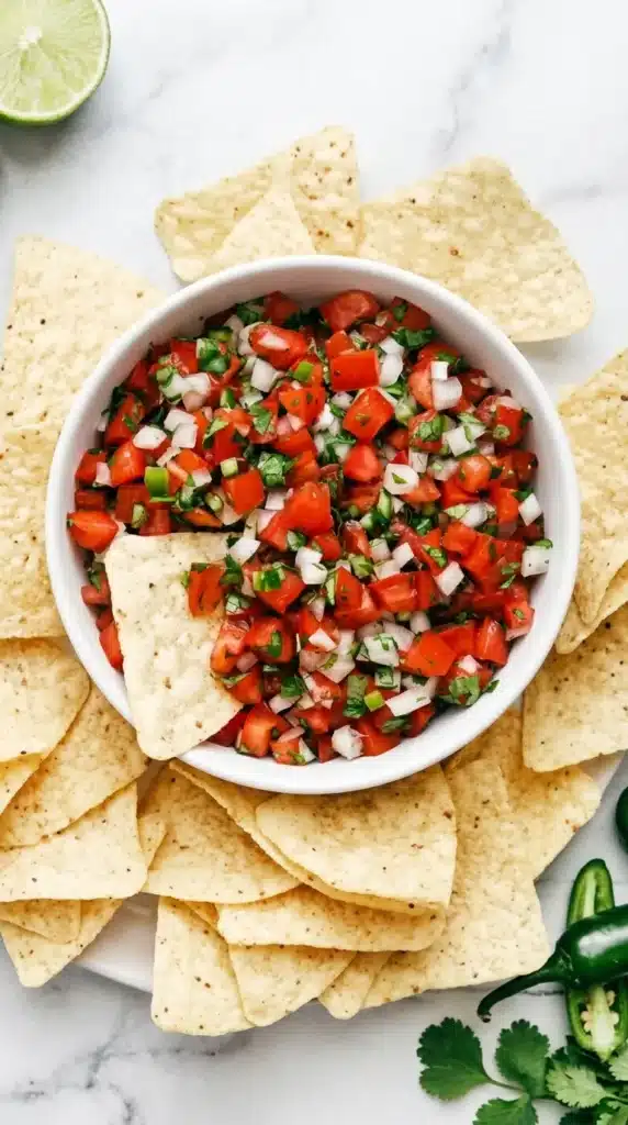 Fresh homemade Pico de Gallo served with crispy tortilla chips in a ceramic bowl