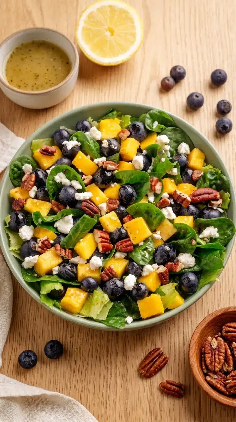 Mango Spinach Salad with blueberries, feta cheese, pecans, and fresh spinach in a ceramic bowl