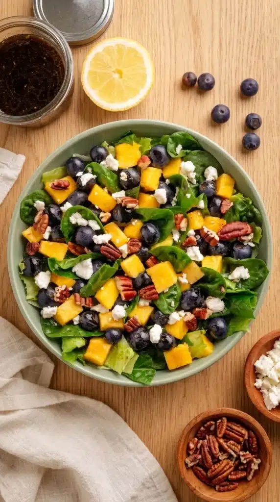 Fresh Mango Spinach Salad with blueberries, feta cheese, and toasted pecans in a ceramic serving bowl