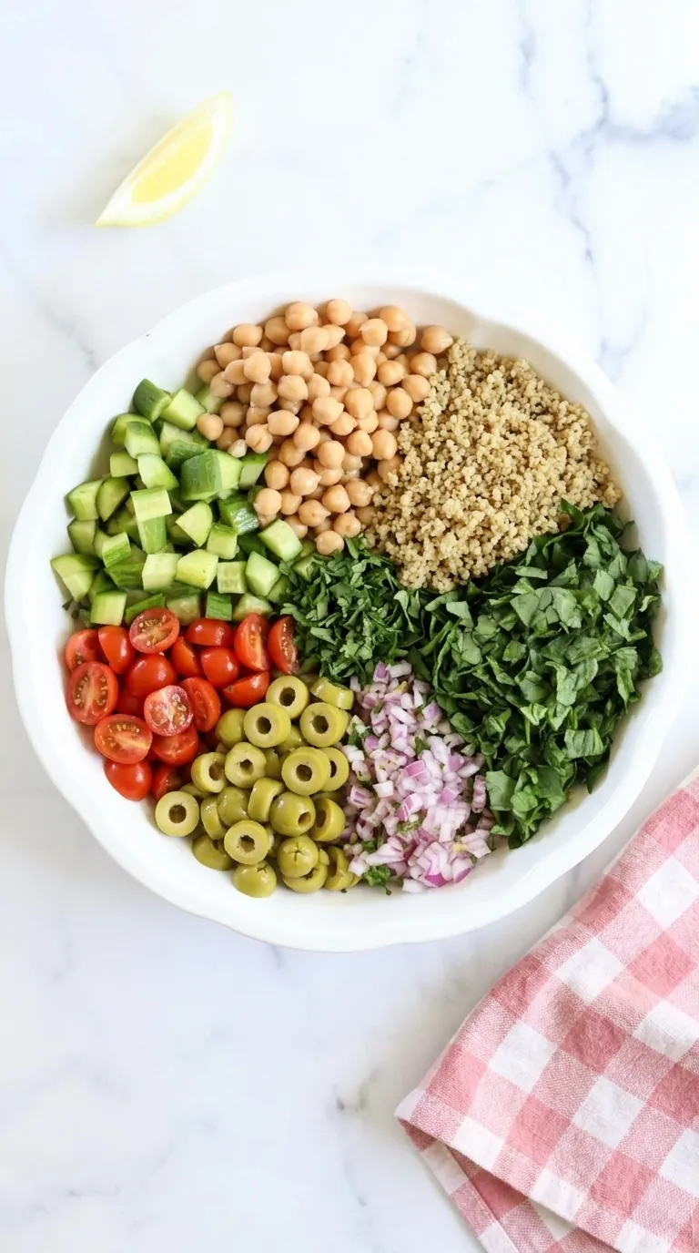 home 6 Mediterranean Quinoa Salad ingredients in a bowl with fresh vegetables
