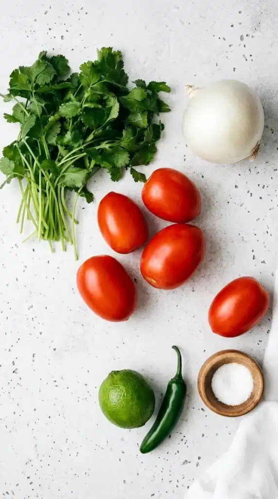 Pico de Gallo Recipe | Amazing Fresh Mexican Salsa 6 Fresh Pico de Gallo ingredients with Roma tomatoes, onion, cilantro, lime, jalapeño, and salt