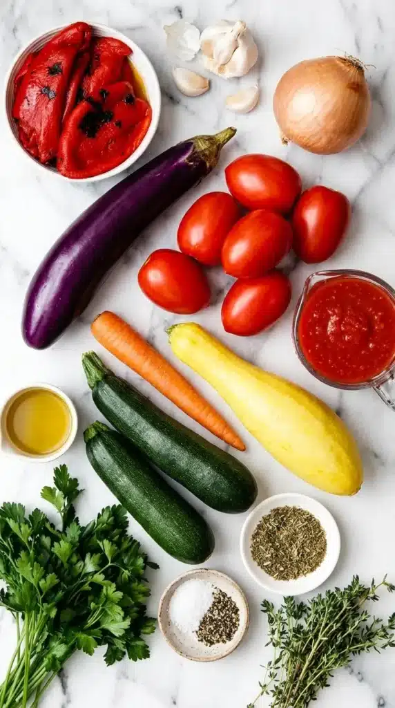 Ratatouille Recipe with Rich Tomato and Roasted Red Pepper Sauce 6 Fresh Ratatouille ingredients including zucchini, eggplant, tomatoes, herbs, and roasted red peppers.