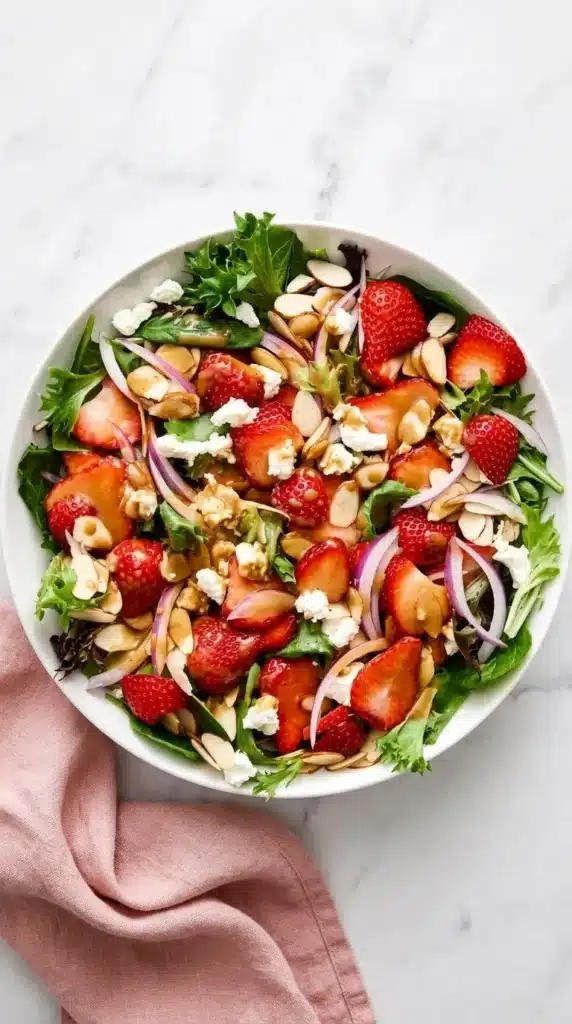 Fresh Strawberry Salad with goat cheese, almonds, greens, and balsamic vinaigrette