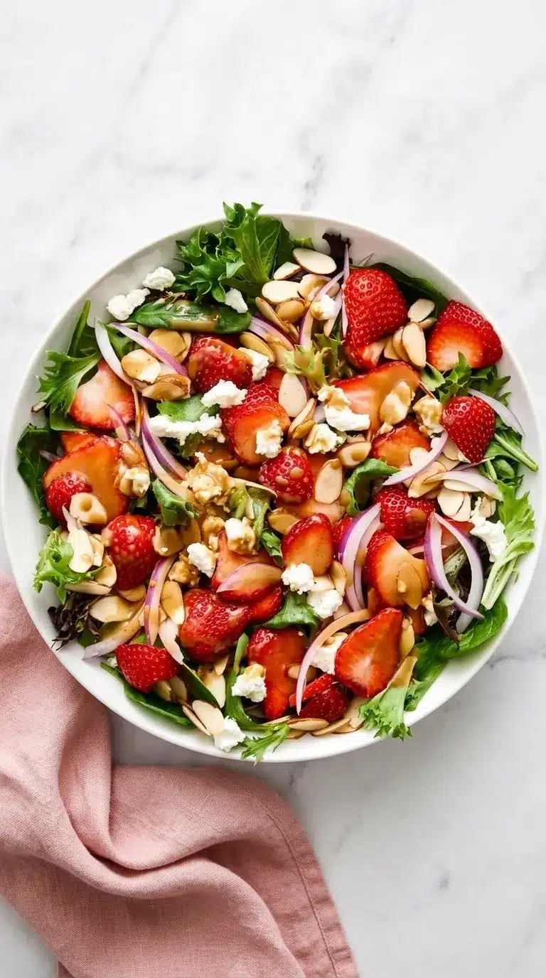 home 7 Fresh Strawberry Salad with goat cheese, almonds, greens, and balsamic vinaigrette