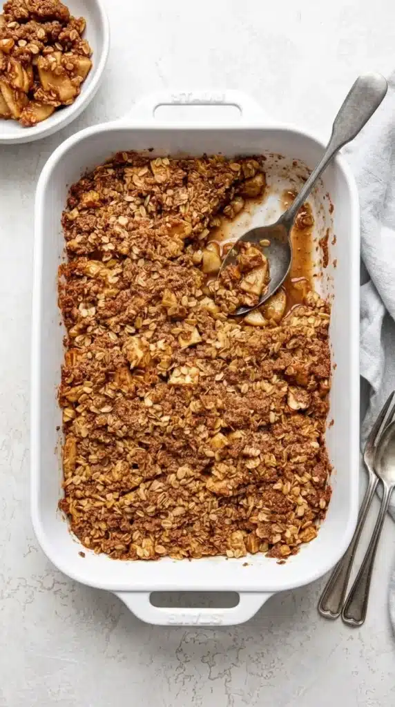 Apple Crisp Recipe | Amazing Easy Homemade Favorite 9 Freshly baked Apple Crisp with a golden oat topping in a ceramic baking dish