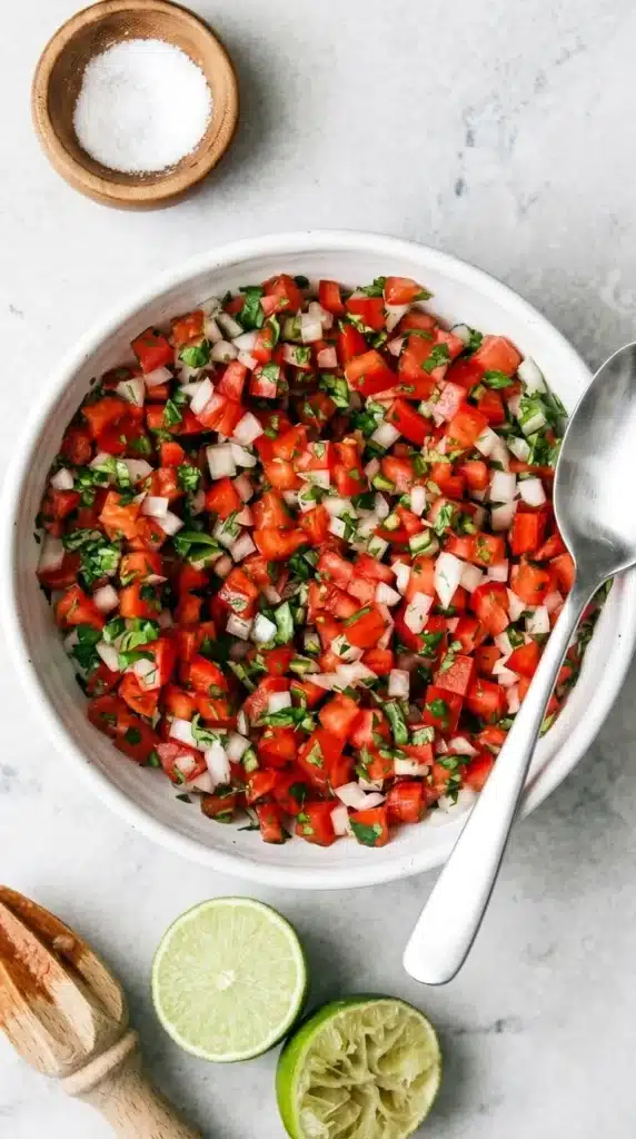 Pico de Gallo Recipe | Amazing Fresh Mexican Salsa 7 Fresh Pico de Gallo mixed in a glass bowl with tomatoes, onion, cilantro, jalapeño, and lime