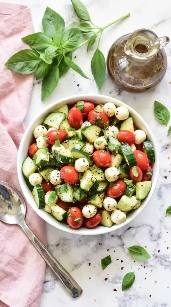 Cucumber Caprese Salad | Amazing Easy Summer Recipe 9 Freshly tossed Cucumber Caprese Salad with cucumber, mozzarella, tomatoes, basil, and dressing